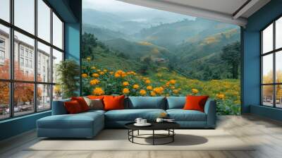 Rolling hills covered in vibrant yellow wildflowers and lush green foliage under a hazy sky. Wall mural