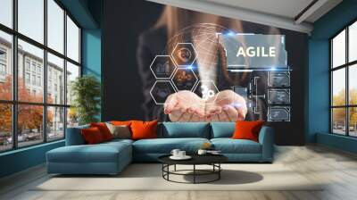 The concept of business, technology, the Internet and the network. A young entrepreneur working on a virtual screen of the future and sees the inscription: Agile Wall mural