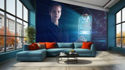 The concept of business, technology, the Internet and the network. A young entrepreneur working on a virtual screen of the future and sees the inscription: Continuous improvement Wall mural