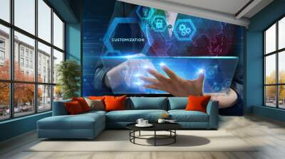 The concept of business, technology, the Internet and the network. A young entrepreneur working on a virtual screen of the future and sees the inscription: Customization Wall mural