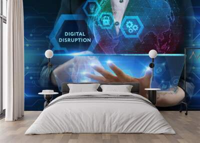 The concept of business, technology, the Internet and the network. A young entrepreneur working on a virtual screen of the future and sees the inscription: digital disruption Wall mural