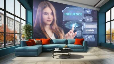 The concept of business, technology, the Internet and the network. A young entrepreneur working on a virtual screen of the future and sees the inscription: Influence Wall mural