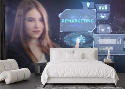 The concept of business, technology, the Internet and the network. A young entrepreneur working on a virtual screen of the future and sees the inscription: Remarketing Wall mural