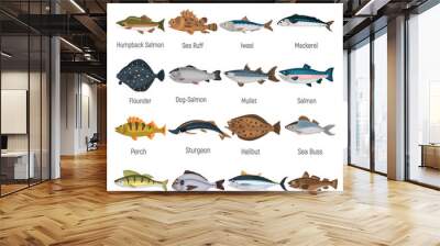 Commercial fish of the world color icons set isolated on white Wall mural