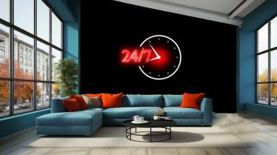 Glowing neon line Clock 24 hours icon isolated on black background. All day cyclic icon. 24 hours service symbol. 24 hours a day and 7 days a week animation on black. Wall mural