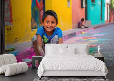 Mexican children play with colorful powder in a residential alley Wall mural