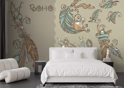 Boho chic, collection of vector hand drawn elements Wall mural