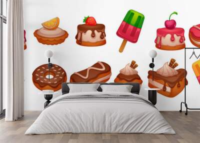 cakes, donuts and desserts, shiny and glossy cartoon objects on white background Wall mural