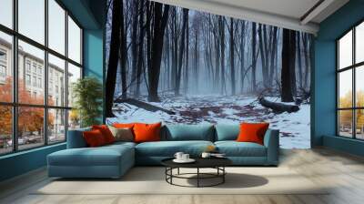 Alone. A remote winter forest immersed in fog with trail leading into the unknown. Wall mural