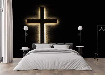 Lighted Cross Background. Back lit cross on a brick background with copy space. Wall mural