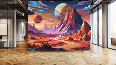 Alien sci-fi landscape with mountains on the sunrise. Science fiction scene of a distant planet. Wall mural