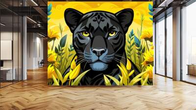 Black panther portrait among yellow flowers. Wild cat in the nature. Wildlife and exotic animal concept. Wall mural