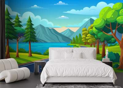 Empty asphalt road and green trees with blue sky background over the lake in summer, landscape nature view  Wall mural