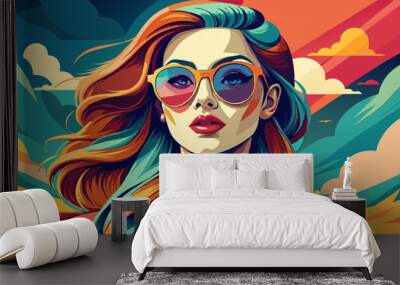 Fashion portrait of a model girl in sunglasses. Poster or flyer in trendy retro colors. Vector illustration Wall mural