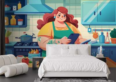 Happy, woman cooking food with smartphone and in kitchen of a home. Dinner or lunch, multitasking and plus size, natural person with tattoo on cellphone following recipe motivation for healthy Wall mural