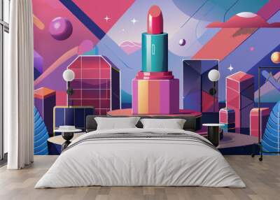 Lipstick mockup in pink pedestal and abstract geometric shapes background. Wall mural