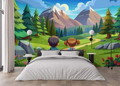 The back view shows two kids walking along the path at the meadow. The meadow is filled with green grass and rocks, and high mountains and spruce forests can be seen in the background.  Wall mural