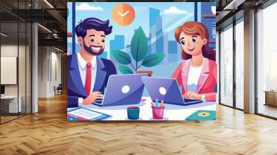 Two busy happy professional business man and woman executive leaders team using laptop working on computer at work desk having conversation on financial project at meeting in Wall mural