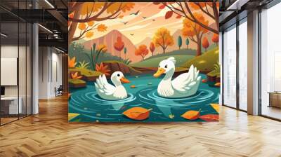 Two white ducks swimming in a pond with orange leaves in the background Wall mural