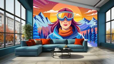 Woman in ski goggles and helmet in backlit snow scene in New Hampshire Wall mural