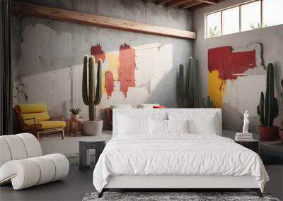 Super minimal and modern interior design, unfinished wall with concrete and brick, wooden objects, spacious area, cactus plants, big pool outside, modern and white furniture, boho-style place, abstrac Wall mural