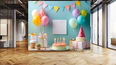 A cheerful birthday celebration scene with colorful balloons. a cake with candles. gifts. and a blank sign for your message. Wall mural