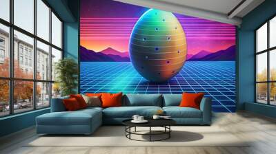 A futuristic. 3D illustration of a blue potato shaped object. set against a vibrant 80s synthwave backdrop. Wall mural