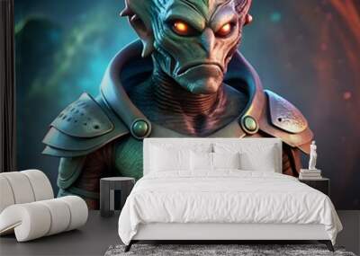 A menacing alien warrior in 3D. clad in futuristic armor. with glowing red eyes. Wall mural