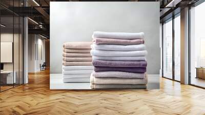 A neat stack of freshly laundered towels in various colors   white. beige. pink. and purple. Wall mural