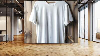 A pristine white t shirt hangs on a wooden hanger against a rustic wooden background. Wall mural