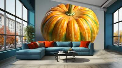 A realistic 3D illustration of a buttercup squash with a vibrant orange and green color scheme. Wall mural