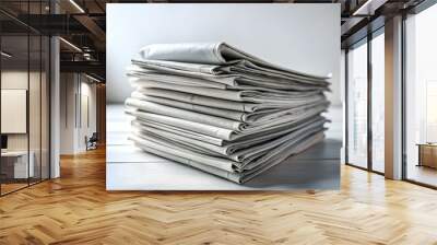 A stack of folded newspapers sits neatly on a white wooden table. ready for reading. Wall mural