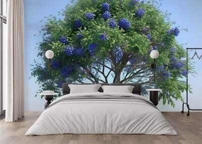 A stunning 3D illustration of a vibrant tree. its lush green canopy adorned with clusters of beautiful blue blossoms. Wall mural