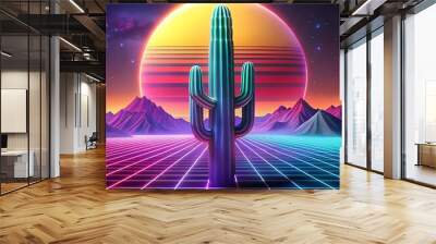 A vibrant 3D illustration of a cactus standing tall against a retro futuristic landscape. Wall mural