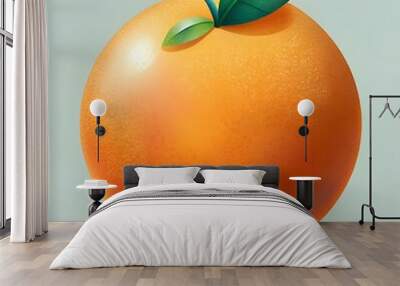 A vibrant 3D illustration of a juicy orange with a realistic texture and a single green leaf. Wall mural