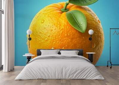 A vibrant 3D illustration of a juicy orange with fresh green leaves. Wall mural