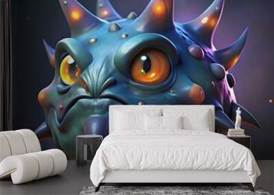 Cute 3D rendered illustration of a spiky. blue creature with glowing eyes. Wall mural