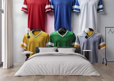 Five blank soccer jerseys hanging on hangers. showcasing different color options for team apparel. Wall mural