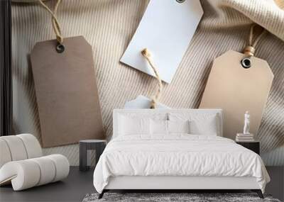 Three blank tags with twine. two brown and one white. lay on a soft beige knit fabric. Wall mural