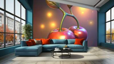 Two Shiny Red Cherries with Green Stems and a Glow Effect. Wall mural