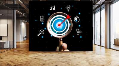 Target, Goal, strategies for success, Businessman using magnifying glass focusing on target goal icon, corporate development, global business leadership, strategy, prospects, sustainable goals.. Wall mural