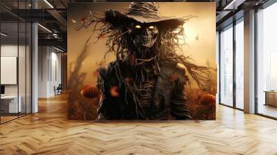 Scary scarecrow in the field. Halloween concept. Skull-faced scarecrow. Wall mural