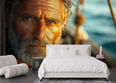 The weathered face of an older man with blue eyes and a long grey beard. Wall mural