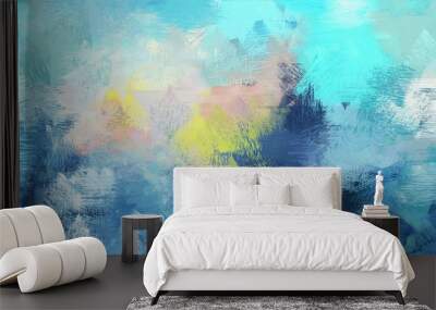 broad brush strokes of sky blue, teal blue and light gray color paint. can be used for wallpaper, cards, poster or creative fasion design elements Wall mural