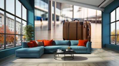 A durable tan-colored travel suitcase stands alone in an outdoor airport setting, evoking travel and adventure in the modern era Wall mural