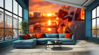 Sunset silhouette of a modern electric vehicle against a backdrop of vibrant orange sky and reflective highway Wall mural