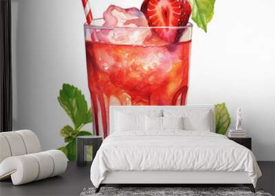 Illustration in watercolor technique of strawberry mojito cocktail glass with mint and ice cubes. Bright illustration for print on textile, clothes, cards, posters, t shirts, design applications.
 Wall mural