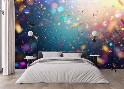 Abstract festive background with glitter, confetti, ribbons and free place for text. New Year, Christmas, birthday, holiday celebration banner Wall mural