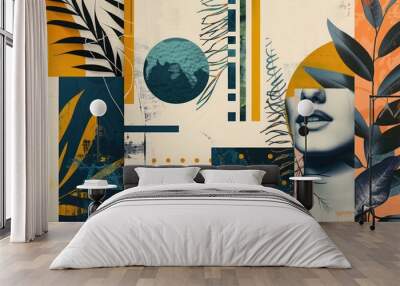 abstract trendy vintage art collage with geometric shapes, paper cutouts, patches, paint strokes. re Wall mural