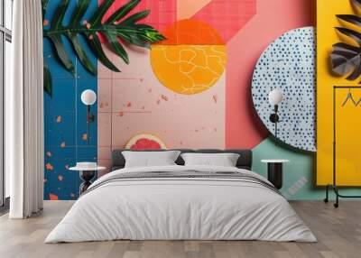 Abstract trendy vintage art collage with geometric shapes, paper cutouts, patches, paint strokes. Retro aesthetic fashionable style poster, banner Wall mural